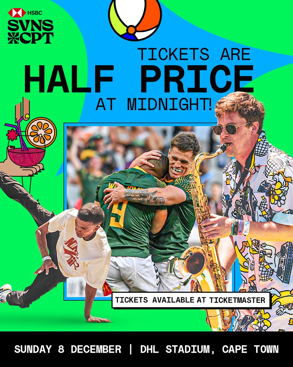 🚨 DON’T MISS OUT! 🚨

Starting MIDNIGHT tonight, tickets for Sunday, 8 December at the #HSBCSVNSCPT will be HALF PRICE! 🎉

🎟️ Grab yours from Ticketmaster 👉 tinyurl.com/yx8bvdk9

#HSBCSVNS | #ItsAWholeVibe