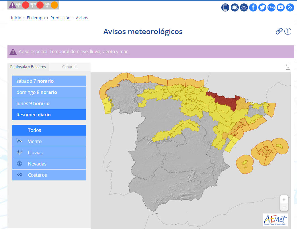 Temporal de nieve, lluvia, viento y mar. Bienvenidos reportes a SINOBAS. aemet.es/documentos_d/e…