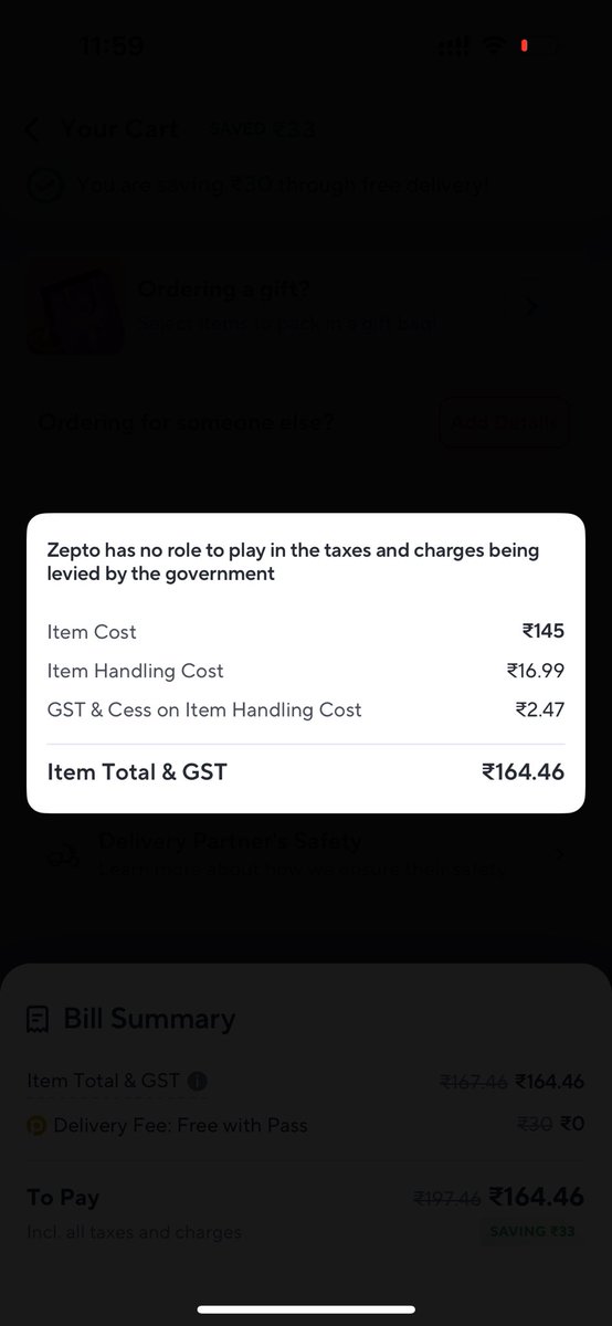ask2mady's tweet photo. @ZeptoNow @AaditPalicha despite having Zepto pass why the hell are you charging handling fees of 16.99₹ which earlier was 9.99₹
I don’t need any justifications over cess or GST but the handling fees!
Let me know if you want to get into another legal suit?! https://t.co/qIxrPY9nWT