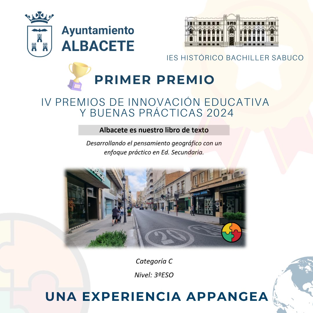 APPangea (@appangea_es) on Twitter photo Noticia APPangea🎉🎉
Nuestro proyecto "Albacete es nuestro libro de texto" ha recibido el 1er Premio en los IV Premios de Innovación Educativa del <a href="/AytoAlbacete/">Ayuntamiento de Albacete</a>
Un gran reconocimiento para APPangea y el depto. Geografía e Historia del <a href="/IESSabuco/">IES Bachiller Sabuco</a>
<a href="/ACebrianRey/">Alfonso Cebrián Rey #44</a> @AGE_Oficial <a href="/imgende/">Ingrid Mosquera</a> Noticia APPangea🎉🎉
Nuestro proyecto "Albacete es nuestro libro de texto" ha recibido el 1er Premio en los IV Premios de Innovación Educativa del <a href="/AytoAlbacete/">Ayuntamiento de Albacete</a>
Un gran reconocimiento para APPangea y el depto. Geografía e Historia del <a href="/IESSabuco/">IES Bachiller Sabuco</a>
<a href="/ACebrianRey/">Alfonso Cebrián Rey #44</a> @AGE_Oficial <a href="/imgende/">Ingrid Mosquera</a>