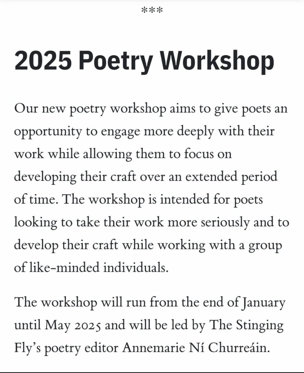 Kelly Michels (@kellymichels) on Twitter photo A great opportunity from <a href="/stingingfly/">The Stinging Fly</a> if you are a poet currently working on a book or pamphlet. The deadline for applications is Monday! You can find all of the information including the workshop dates, fees, and submission guidelines here: stingingfly.org/poetry-worksho… A great opportunity from <a href="/stingingfly/">The Stinging Fly</a> if you are a poet currently working on a book or pamphlet. The deadline for applications is Monday! You can find all of the information including the workshop dates, fees, and submission guidelines here: stingingfly.org/poetry-worksho…