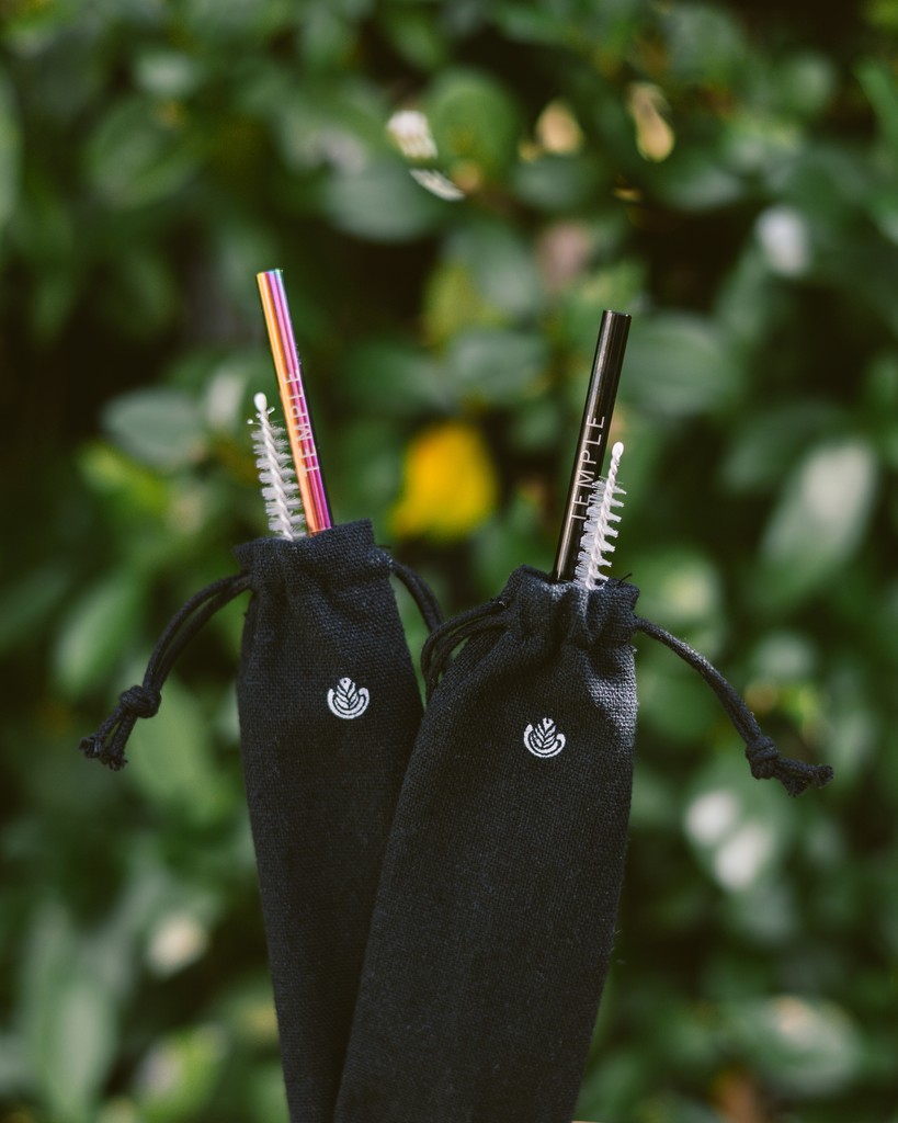 Sip sustainably! We’re excited to have our sleek reusable metal straws back in stock! Each straw comes with a stylish Temple branded carrying case and a handy straw brush for easy cleaning. Available online and in store now! ⁠
⁠
#templecoffee