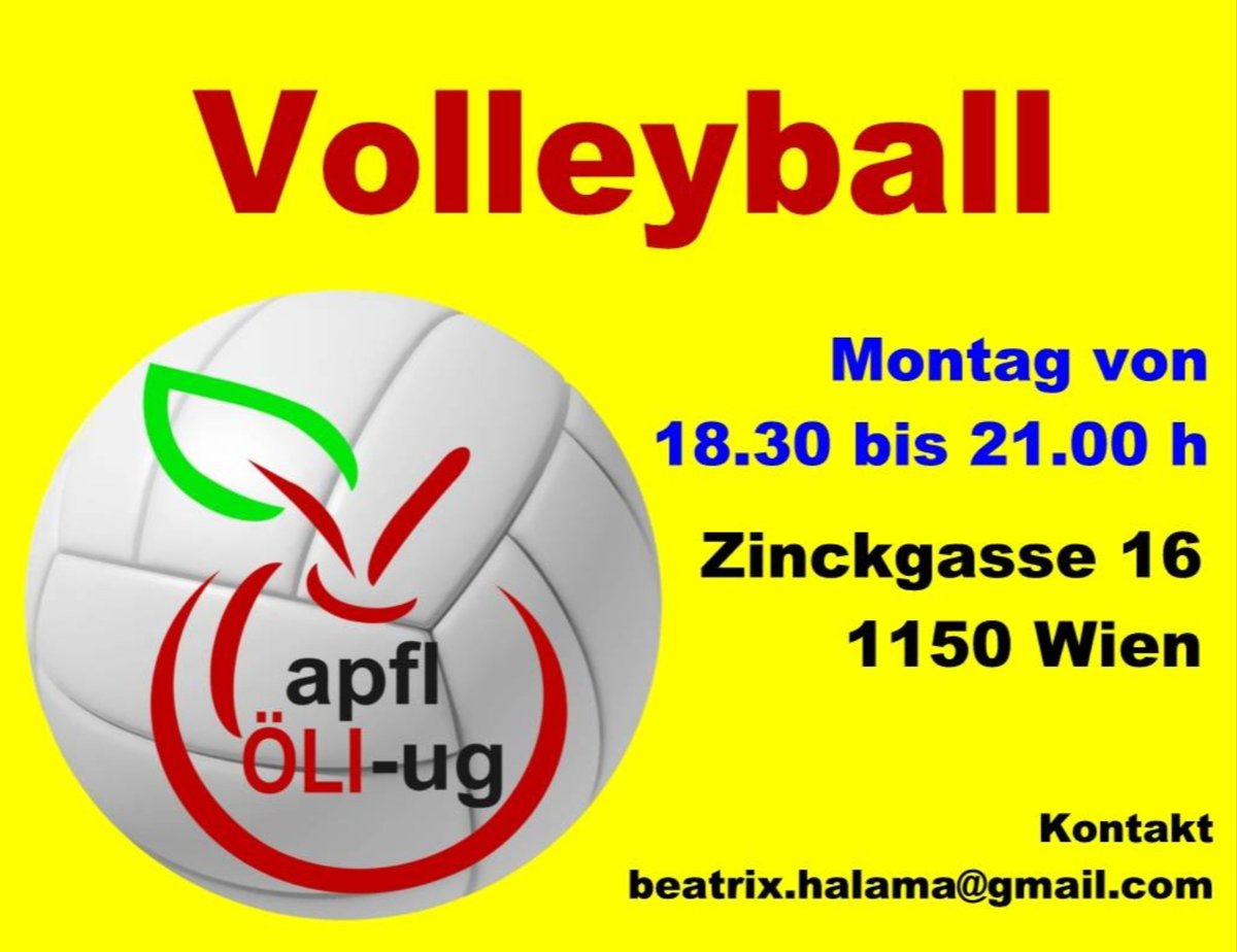 Jeden Montag treffen sich Lehrer:innen der apfl-ÖLI-ug &amp; andere Interessierte zum Volleyball. 🏐
Die Gruppe ist unverbindlich &amp; kostenlos, alle sind herzlich eingeladen vorbeizukommen, mitzuspielen &amp; zu plaudern! 🙂
Du musst auch absolut kein Profi sein! Sind wir auch nicht. 😉