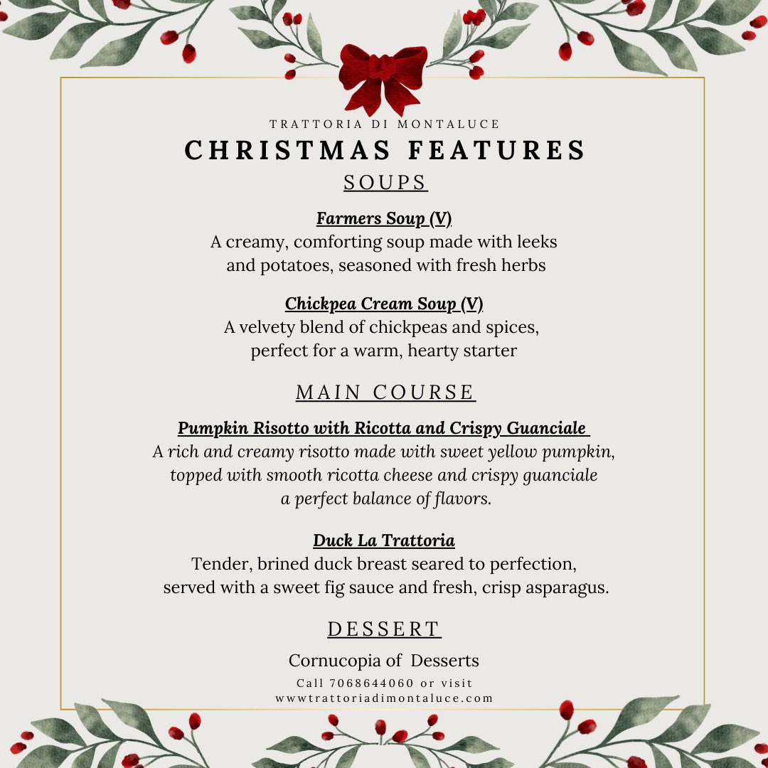 Savor the flavors of the season with our special Christmas features at Trattoria di Montaluce! Reserve your table today! 🎄🍷

#trattoriadimontaluce #montalucewinery #petfriendlyrestaurant #dahlonegaga ###christmas #christmas2024