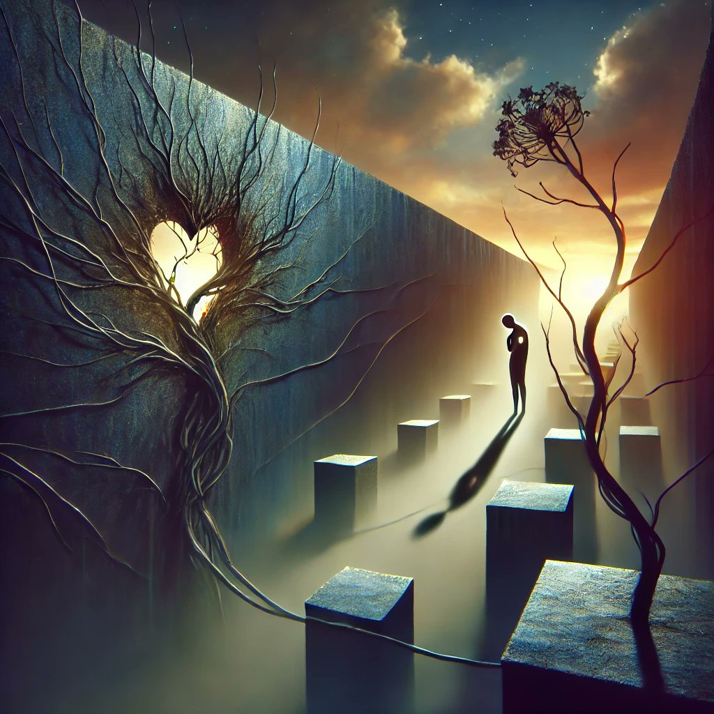 thesusanmoore's tweet image. Invisible walls high
Not to push you away
But to survive
Strive to live this day
#Creeper of sorrow, tight
Grief slow and wide
Through the night
Living hollow inside
#Devotion in silence I keep
Our grief isn’t the same
#Parameters not to reap
Compassion is my aim
#vss365 #poem