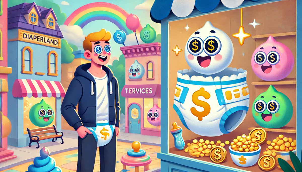 DIAP_COIN's tweet photo. 🚼✨ New Adventures in Diaperland! ✨🚼

In this bustling town full of diaper-wearing, dollar-eyed inhabitants, each running their own quirky businesses! From golden pacifiers to futuristic baby gadgets, something in a shop window catches his eye💡🛍️is he possessed by Diaperland? https://t.co/2n403PmlIm