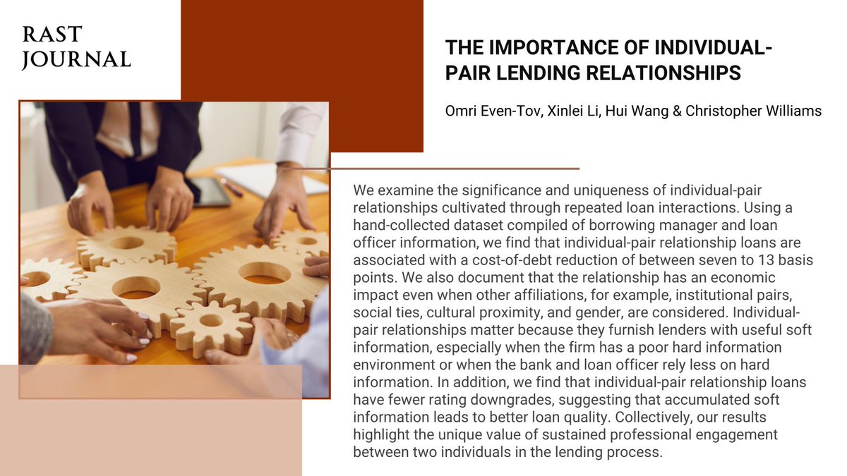RastJournal's tweet image. How do personal ties between borrowing managers &amp;amp; loan officers shape lending? This study reveals strong individual relationships can cut borrowing costs, enhance loan quality &amp;amp; unlock vital 'soft information' when hard data falls short. #DecemberIssue #OA bit.ly/40OMmUF