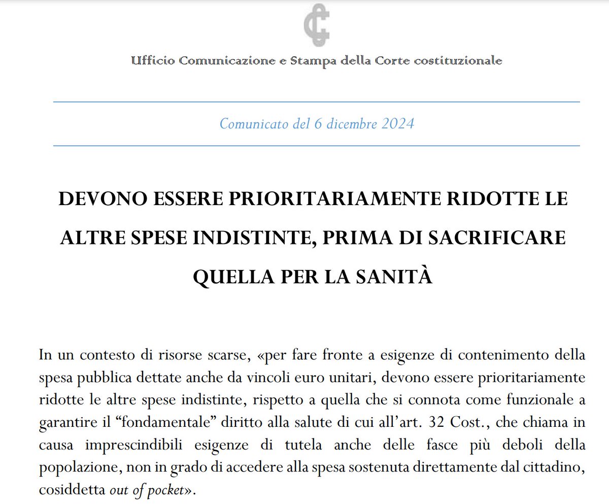 Cartabellotta's tweet image. Storica sentenza della #CorteCostituzionale
Se le risorse sono scarse non bisogna tagliare la #sanità, anche per tutelare chi non può spendere di tasca propria e rinuncia alle cure

La tutela della #salute prima di tutto
#SalviamoSSN