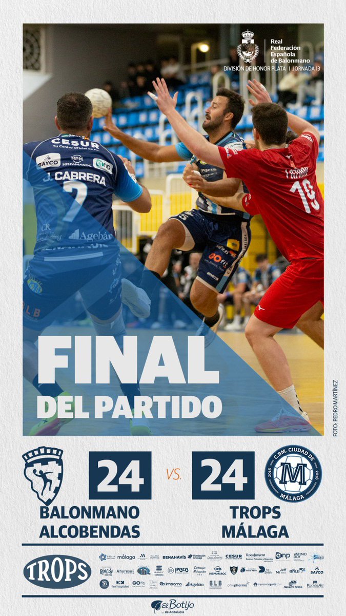 BMCiudadDMalaga's tweet photo. 📣 ¡Final del partido! 

@bmalcobendas y @fTROPS @BMCiudadDMalaga firman tablas (24-24) en el pabellón de Los Sueños. https://t.co/3grnGvfq95
