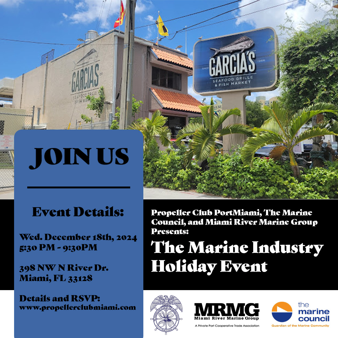 PCPortMiami's tweet photo. The Propeller Club Port Miami, Miami River Marine Group, and Marine Council invite you and your guests to our Marine Industry Holiday Event. 

Please note that it is a CASH BAR.

RSVP LINK: https://t.co/8TX5B3Iu2j

#Networking #PropellerClub #MaritimeNetworking #PortMiami https://t.co/69ttSRHTB7