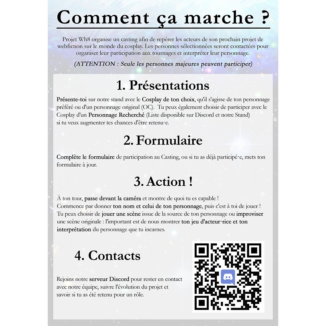 ProjetWh8's tweet photo. 📣 Cosplayeurs ! 
Tu rêves de donner vie à ton personnage et de participer à un tournage ? ✨

Projet Wh8 prépare Cos'Deck, un projet centré sur le cosplay, et on cherche des acteurs ! Rendez-vous le 15/12 à partir de 17h au @le_seventies !

#Cosplay #Websérie #ProjetWh8 #CosDeck https://t.co/nS0SlMb0Kt