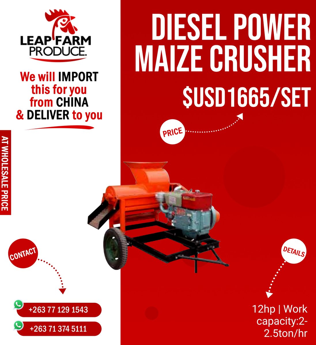 LeapFarmProduce's tweet image. 🌽 Need faster maize grinding? Check out our Diesel Power Maize Crusher! With a 12hp engine &amp;amp; capacity of 2-2.5ton/hr, it’s designed for rapid food or feed production.🚜 Inquire or order via WhatsApp! #Agriculture #MaizeProcessing