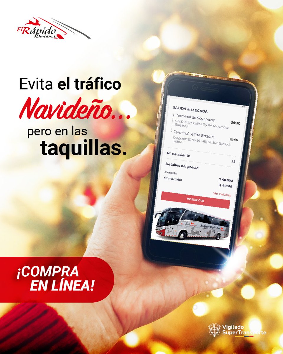 RapidoDuitama's tweet photo. 🎄 La época de fin de año es para disfrutar, no para preocuparte por encontrar un lugar. Compra tu tiquete en línea y evita el caos de la temporada más ocupada del año. 🚌✨
#ViajaConCalma #CompraEnLínea #NavidadConRapidoDuitama https://t.co/hS6fjsZZu9
