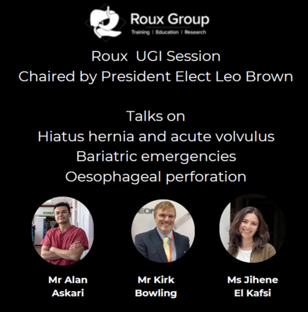 ASGBI Moynihan Academy (@asgbi_ma) on Twitter photo Reason 4:
ROUX UGI Sessions <a href="/roux_group/">The Roux Group</a>
Chaired by <a href="/leorbrown/">Leo Brown</a>
Hiatus hernia and acute volvulus
Bariatric emergencies
Oesophageal perforation
<a href="/alan_askari/">Alan Askari</a>
<a href="/bowling_kirk/">Kirk Bowling</a>
<a href="/Jelkafsi/">Jihène El Kafsi</a>
<a href="/Augishealth/">AUGIS</a>
<a href="/bbugssuk/">BBUGSS - British Benign Upper GI Surgical Society</a>
Sign up here:
events.asgbi.org.uk/asgbievents/in… Reason 4:
ROUX UGI Sessions <a href="/roux_group/">The Roux Group</a>
Chaired by <a href="/leorbrown/">Leo Brown</a>
Hiatus hernia and acute volvulus
Bariatric emergencies
Oesophageal perforation
<a href="/alan_askari/">Alan Askari</a>
<a href="/bowling_kirk/">Kirk Bowling</a>
<a href="/Jelkafsi/">Jihène El Kafsi</a>
<a href="/Augishealth/">AUGIS</a>
<a href="/bbugssuk/">BBUGSS - British Benign Upper GI Surgical Society</a>
Sign up here:
events.asgbi.org.uk/asgbievents/in…