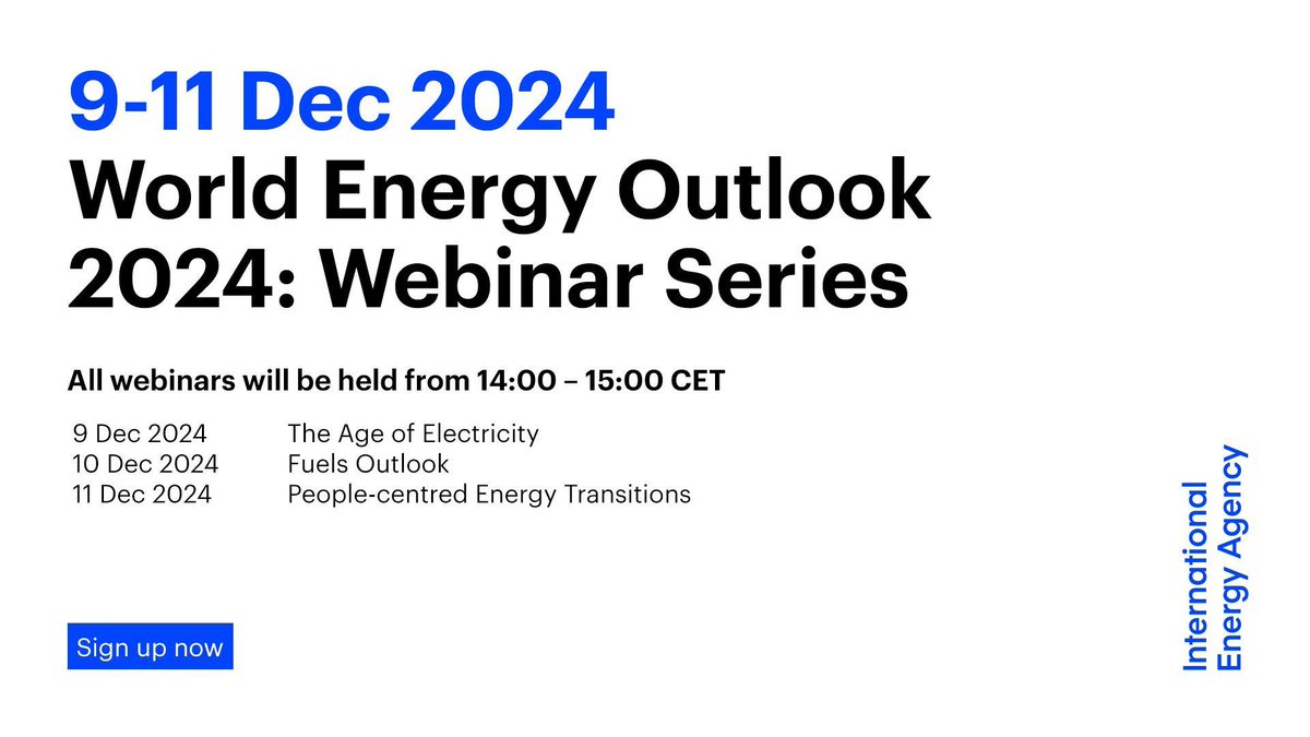 Next week, we’ll host a series of webinars exploring the key findings of our World Energy Outlook 2024 report. Tune in ⬇️

The Age of Electricity: iea.li/41m1LxF
The Outlook for Fuels: iea.li/3OKBp0Q
People-centred Energy Transitions: iea.li/3ZrU0DQ
