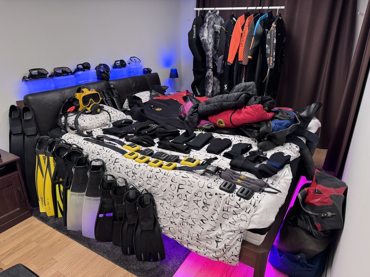 UwWuffy's tweet photo. Trying to get things sorted, missing about 50% of the gear in this photo, including the tanks, bcd’s dry-/wetsuits with more. 😅 https://t.co/IwzHwrOWSb