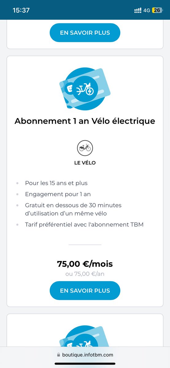 SimonRqr's tweet photo. Il y a un petit manque de clarté concernant l’offre Le Vélo de TBM
C’est 75€ par an ou 75€ par mois. Qu’on soit sur l’appli ou le site on retrouve la même ambiguïté. Chez moi on appelle ça un devis dissuasif. Pourriez-vous clarifier @info_tbm ? Merci https://t.co/kRZi0mfH5v