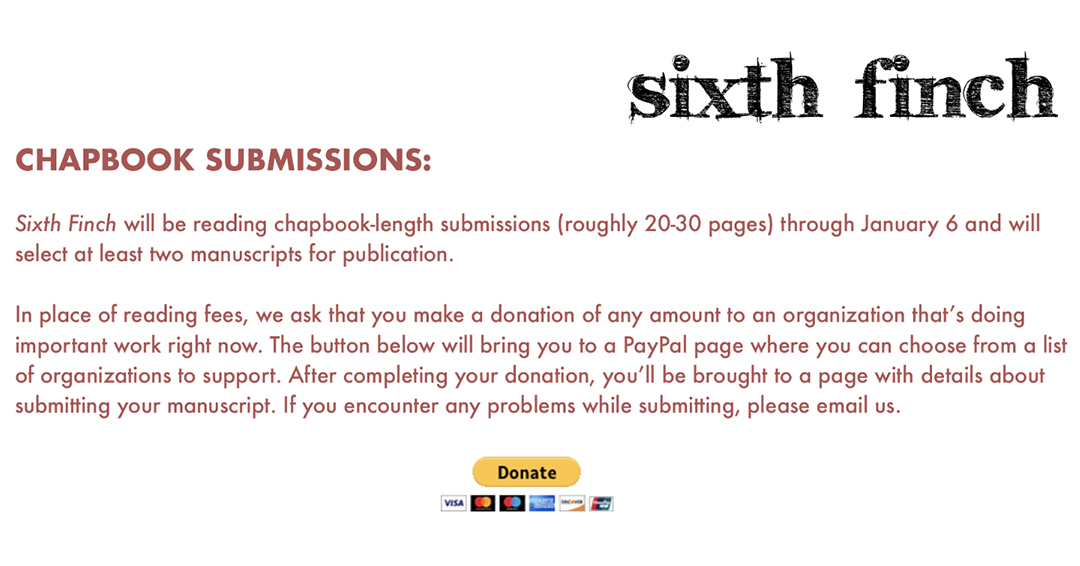 SixthFinch's tweet image. We've gotten a bunch of requests to extent the deadline for our chapbook contest, and we aim to please, so the updated deadline is January 6. sixthfinch.com/submit