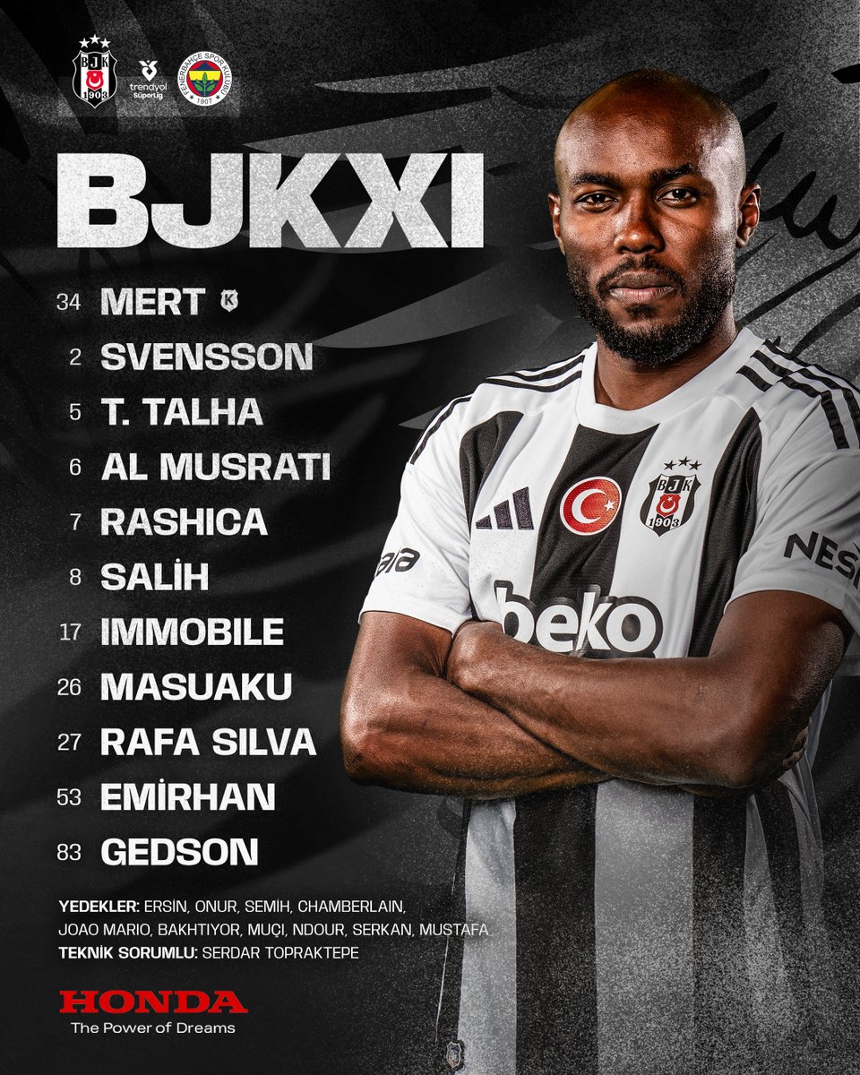 Besiktas's tweet photo. 📋✅ İlk 11’imiz!

🆚 @Fenerbahce 

@hondatr https://t.co/H0lGxPnCap