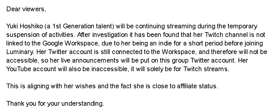 LuminaryIdols's tweet photo. [ANNOUNCEMENT REGARDING YUKI HOSHIKO'S ACTIVITIES]

#Vtuber #ENVtuber #LuminaryProject https://t.co/OBmQYi0HLQ