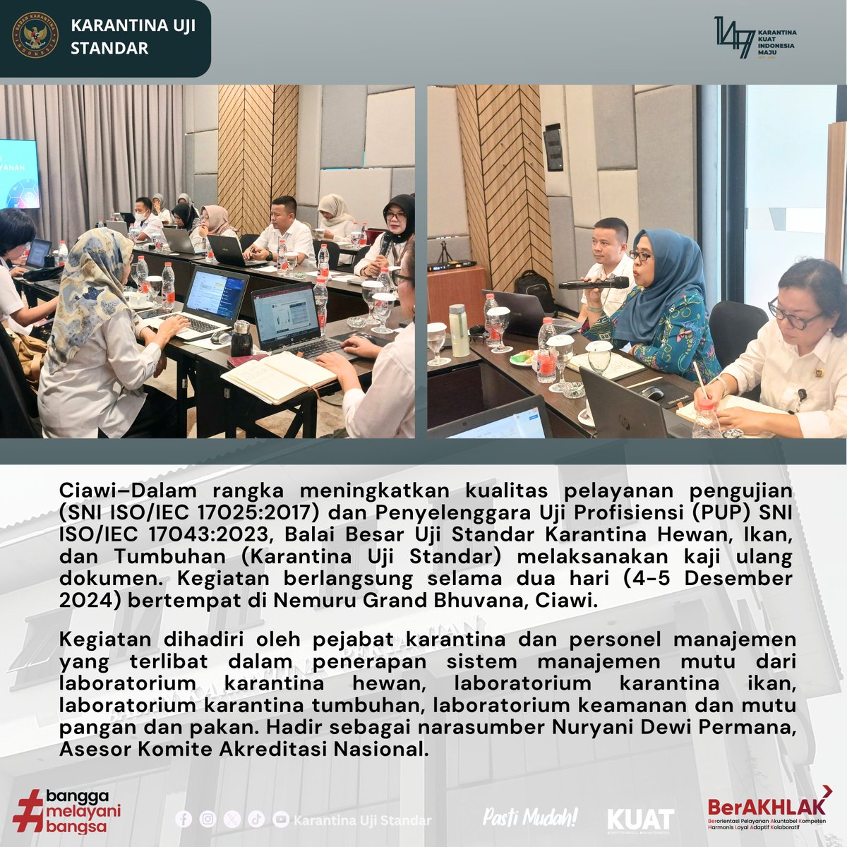 ujistandar's tweet photo. Halo SobatQ,
Karantina Uji Standar gelar kaji ulang dokumen pada 4-5 Desember 2024 di Nemuru Grand Bhuvana, Ciawi.
Yuk simak berita selengkapnya π
#karantinaujistandar
#labkarantina
#karantinakuat https://t.co/RsaUyt7nMe