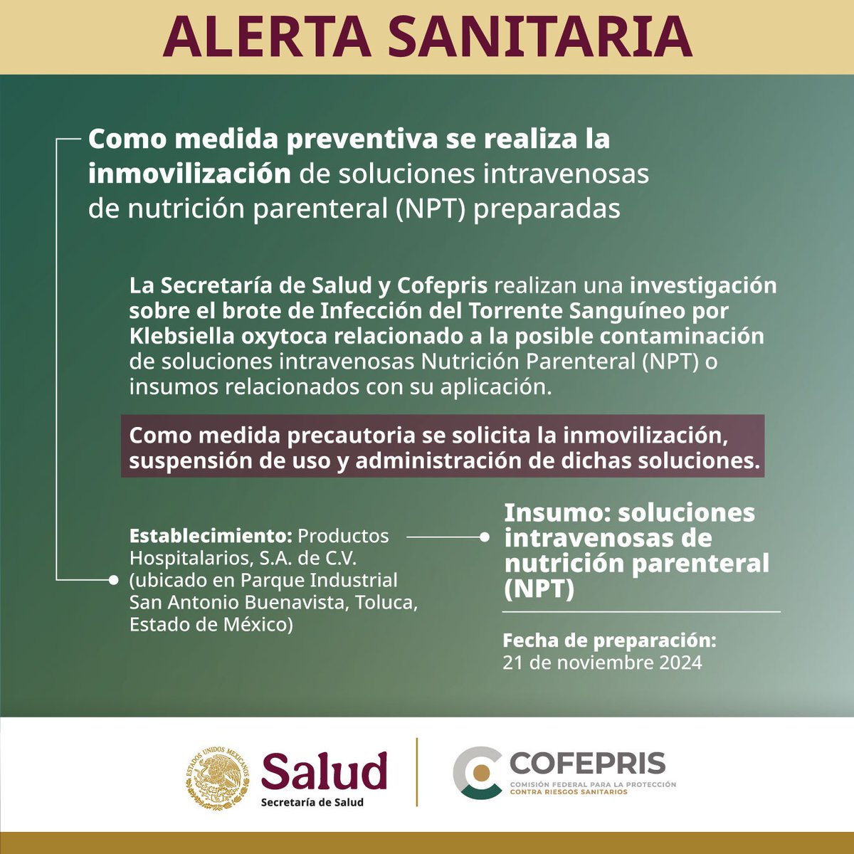 COFEPRIS's tweet photo. 🚨#CofeprisAlerta🚨
Sobre inmovilización de soluciones intravenosas de nutrición parenteral (NTP) preparadas.
👉https://t.co/O7YI0BslYK
Nota informativa SSA: https://t.co/K9HbjfRu8s https://t.co/E3bYYnZylB