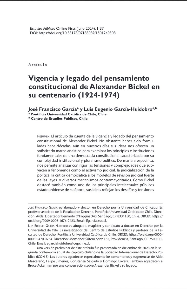 Les comparto un ensayo recién publicado en <a href="/EstPublicos/">Estudios Públicos</a> que escribimos con <a href="/chechegarcia/">JoséFrancisco García</a> sobre Alexander Bickel, uno de los más influyentes -y a la vez poco explorados- pensadores constitucionalistas norteamericanos.

El ensayo puede consultarse acá: estudiospublicos.cl/index.php/cep/…