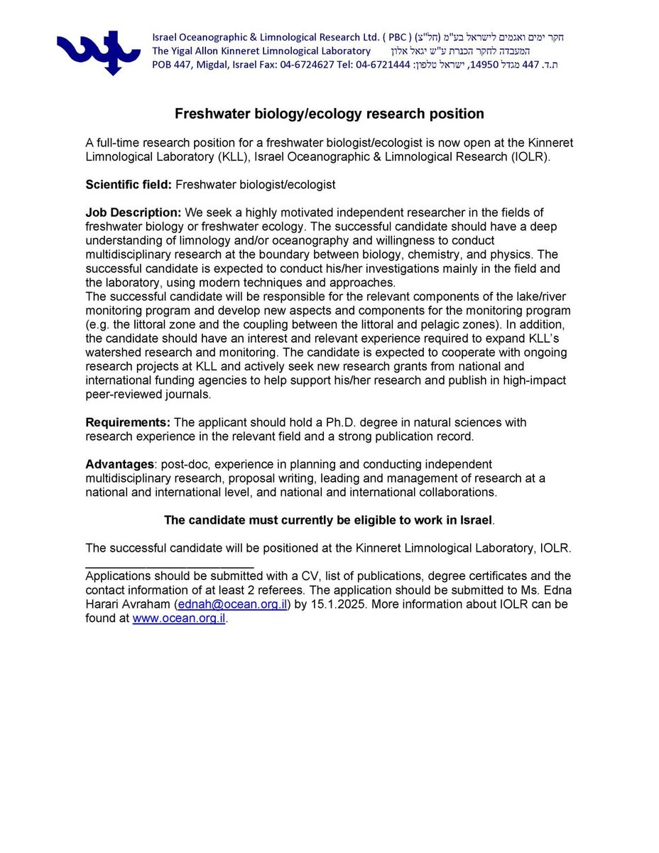 Or M. Bialik (@bialikor) on Twitter photo Job alert: open position for a freshwater biologist / ecologist at <a href="/IOLR_Israel/">IOLR חקר ימים ואגמים לישראל (חיא"ל)</a> Job alert: open position for a freshwater biologist / ecologist at <a href="/IOLR_Israel/">IOLR חקר ימים ואגמים לישראל (חיא"ל)</a>
