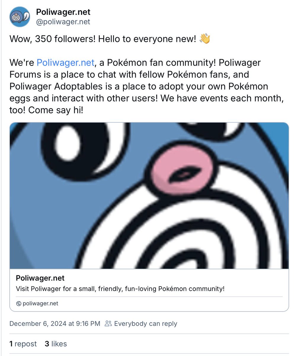 Poliwager's tweet photo. Reminder to head over to 🦋 and follow us there!
We post more there now, and there's a large Pokémon community already there too! https://t.co/h2AHD0JYGp