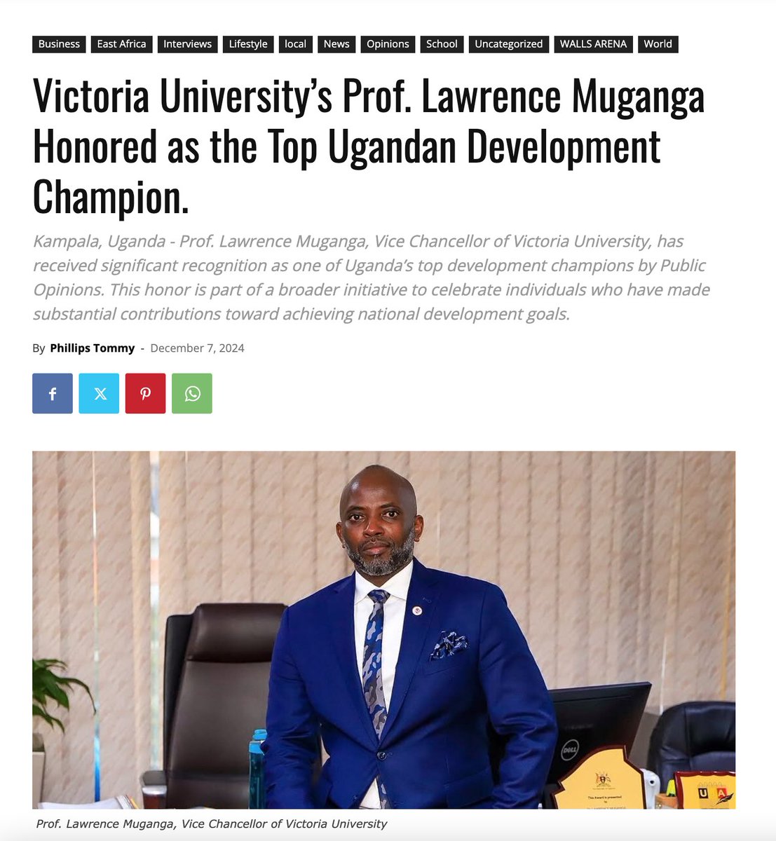 Newzupdates256's tweet photo. In a celebration of impactful leadership, Prof. @ReachDrMuganga, Vice Chancellor of @VUKampala has been honored with the Uganda Development Champions Award by Public Opinions.

Details: https://t.co/LO5BaeWALB

#NewzUpdatesUg! https://t.co/UmnnNbNSbc