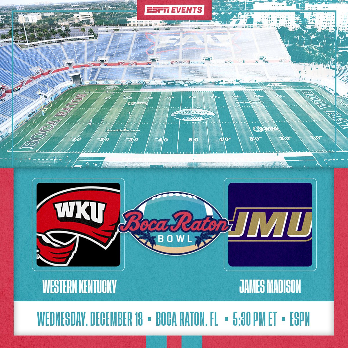 Football in paradise is back as @jmufootball &amp; @wkufootball are BOCA BOWL BOUND! 🌴☀️🏈

Join us on December 18 at 5:30 PM at FAU Stadium on ESPN! 

Plan your trip today at BocaRatonBowl.com!