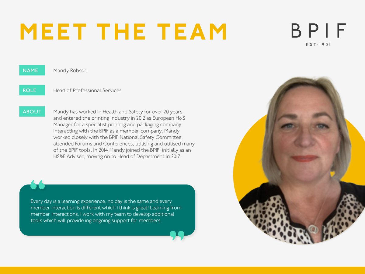 BPIF's tweet photo. Meet the wonderful Mandy Robson! Our Head of Professional Services. 

Mandy has a wealth of experience so if ever you'd like advice on any of the Professional Services we offer, from HSE and Hr to Legal and Environmental, Mandy is the one!

#meettheteam #bpif #printingindustry https://t.co/Yo0mnXser0