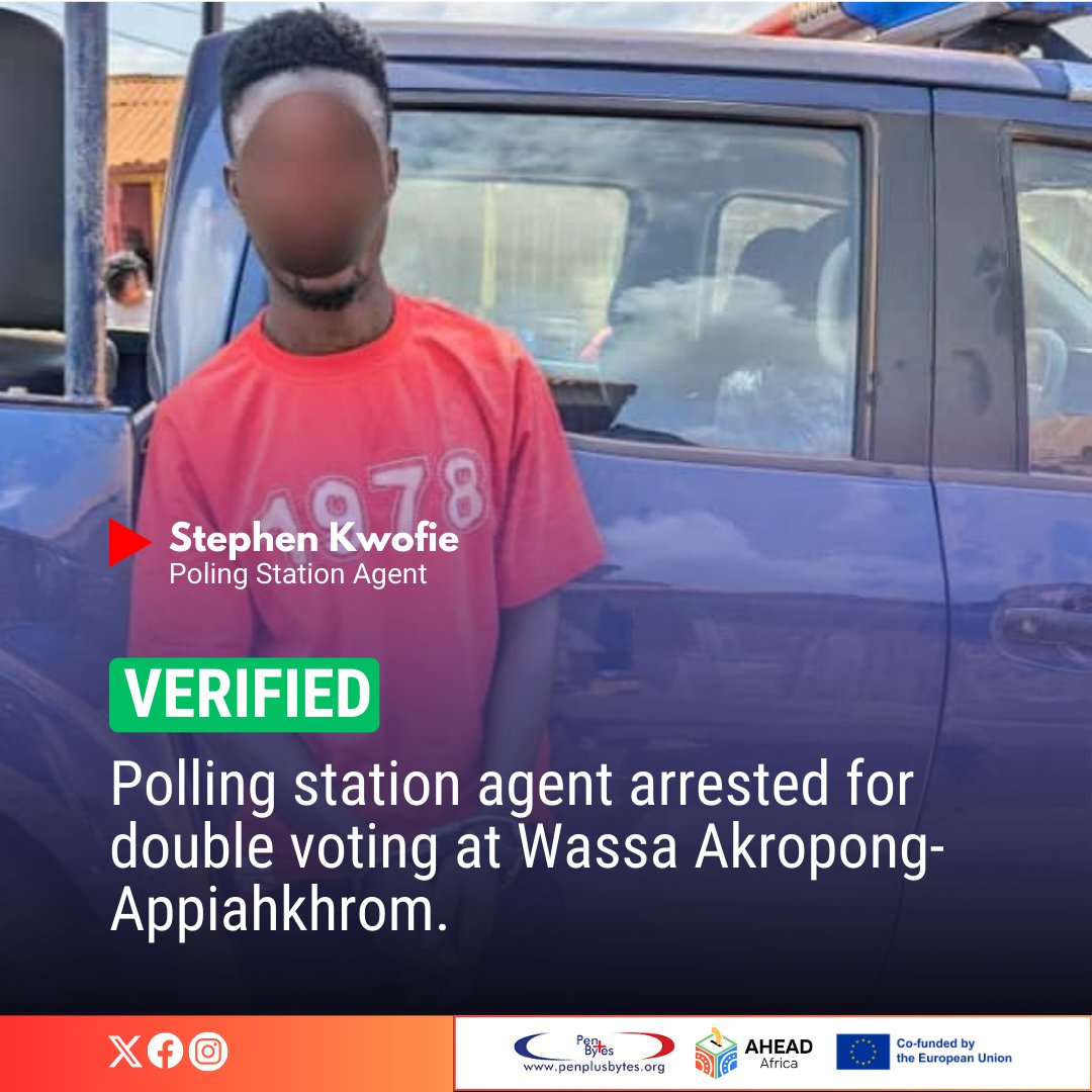 ghanaelections's tweet photo. Verified

A polling station agent has been arrested for double voting at Wassa Akropong-Appiahkhrom. Authorities are currently handling the situation to maintain the integrity of the election process.

#DisinformShield
#VerifyWithDDP
#GhanaElections
#GhanaDecides2024
#CODEOGhana
#AHEADAfricaProject
