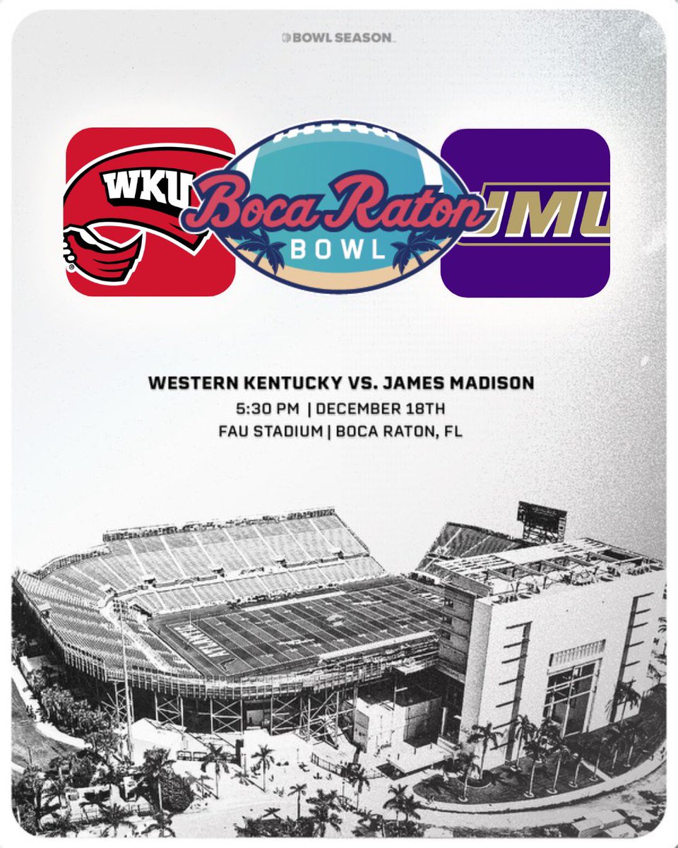 BowlSeason's tweet photo. 🚨IT’S OFFICIAL🚨@WKUFootball will face @JMUFootball in the @BocaBowl!

#BowlSeason #CFB #collegefootball #GoDukes #GoTops https://t.co/1eh5t8PyeA