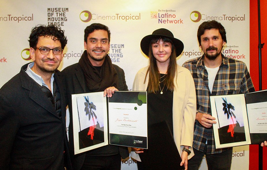 15th Anniversary of the Cinema Tropical Awards: Directors Jayro Bustamante, Betzabé García, and Lisandro Alonso with Carlos Gutiérrez of Cinema Tropical at the 6th edition, held in January 2016 at The New York Times headquarters in New York City