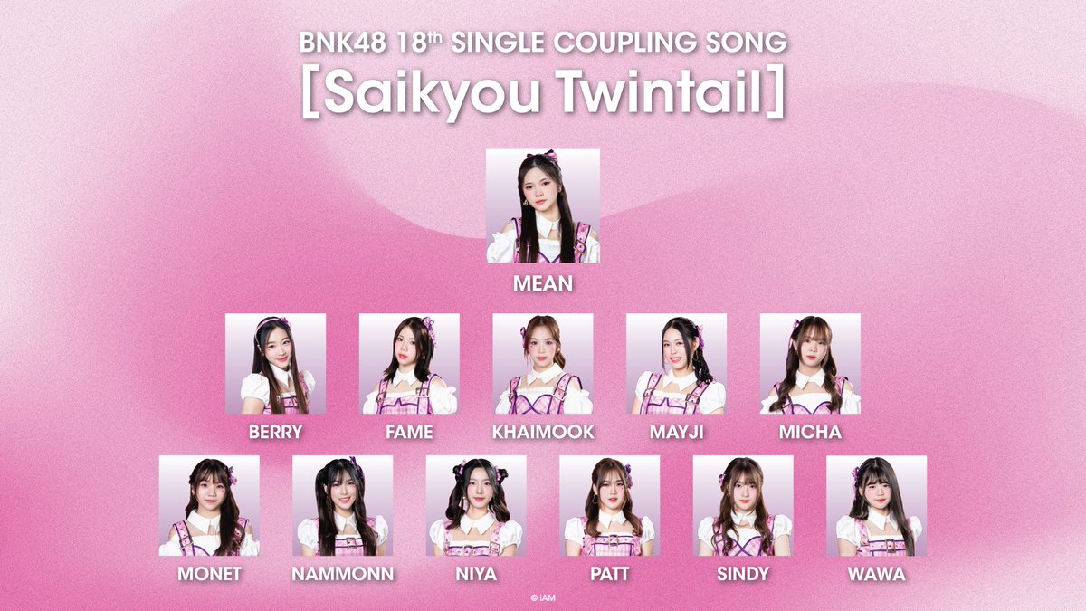bnk48official's tweet photo. [👧🏻💘] #SaikyouTwintailTH

Just announced at #SukinandaTH_2shot

BNK48 18th Single c/w “Saikyou Twintail”
[Originally from AKB48 54th Single Type-D Coupling Song]

Berry, Fame, Khaimook, Mayji, Mean★, Micha, Monet, Nammonn, Niya, Patt, Sindy, Wawa

#BNK4818thSINGLE
#BNK48 https://t.co/IJXmGVbDNu