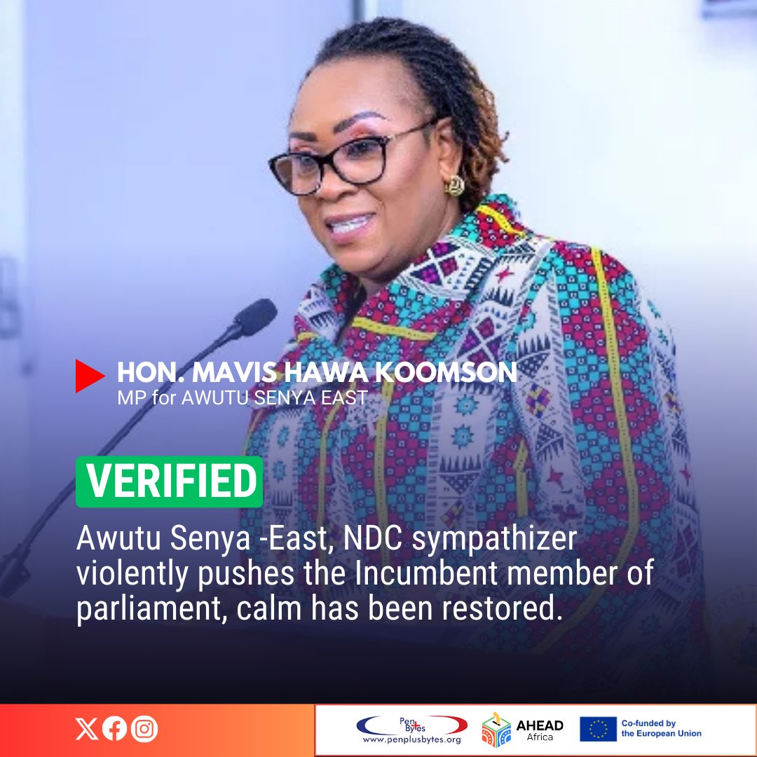 ghanaelections's tweet photo. Verified

An NDC sympathizer in Awutu Senya-East violently pushed the incumbent Member of Parliament. However, calm has since been restored, and authorities are monitoring the situation.

#DisinformShield
#VerifyWithDDP
#GhanaElections
#GhanaDecides2024
#CODEOGhana
#AHEADAfricaProject