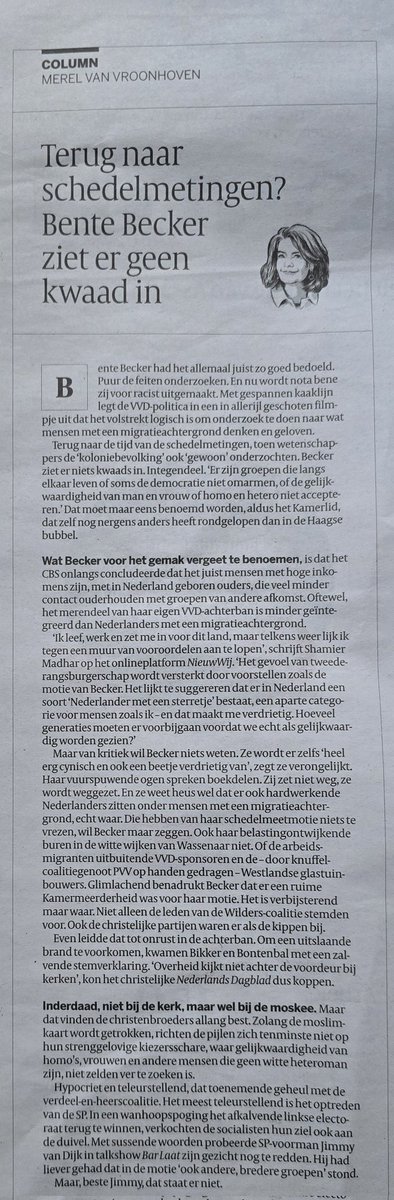 marcelbar8's tweet photo. Sterke column van Merel van Vroonhoven in de Volkskrant, waarin ze niet alleen gehakt maakt van de motie van Bente Becker die Nederlanders met een migratieachtergrond stigmatiseert; 
maar ook de SP, het CDA en de CU kapittelt omdat die vóór stemden. https://t.co/gtsp7X0QXD