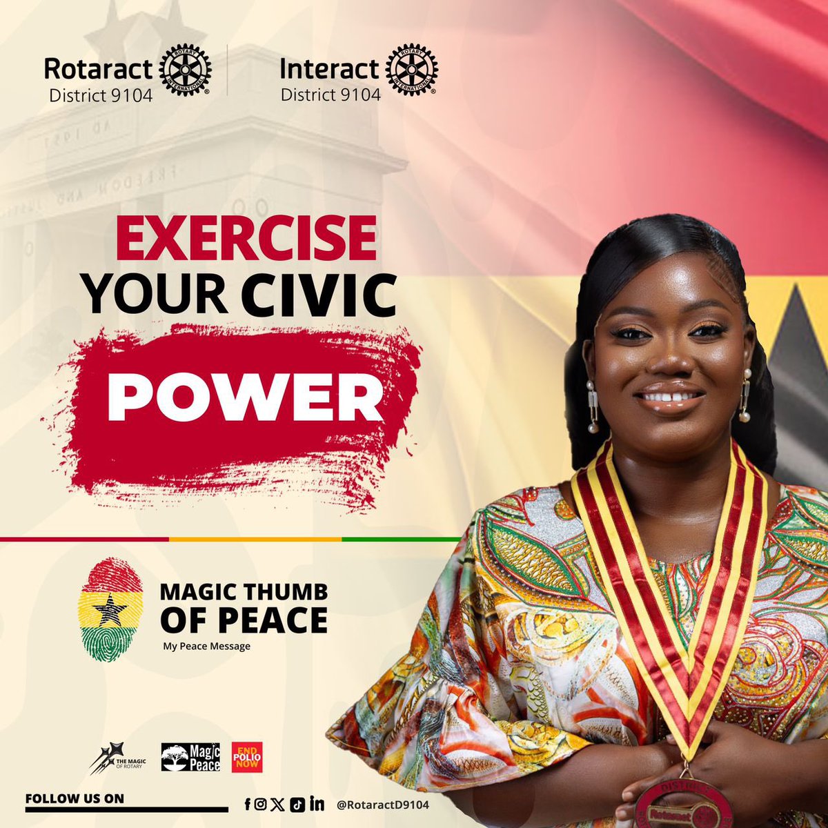 rotaractd9104's tweet photo. While we exercise our civic rights today, Let’s remember to vote for the leaders who will guide our nation forward. As we cast our ballots, let’s champion peace and ensure a violence-free election process.
#VoteInPeace
#MagicpeacethumbCourtesyAccraLabone https://t.co/h1OTyLEuU9
