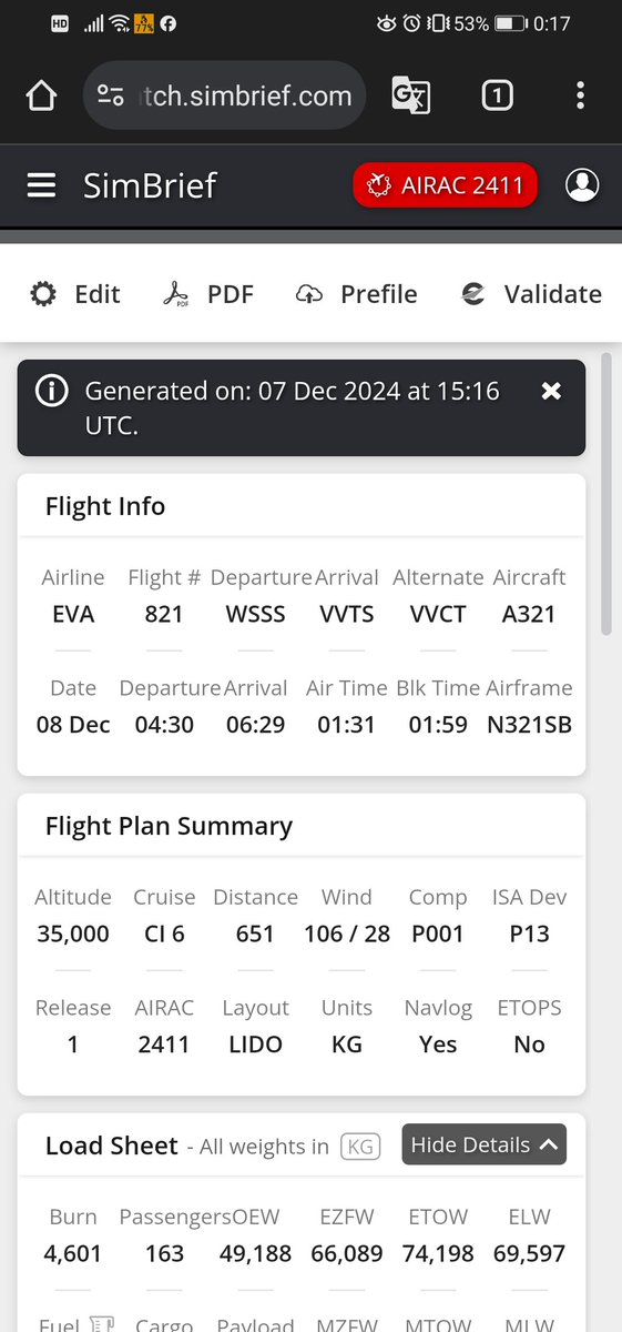 nicotyuudesu's tweet image. 明日のフライトプラン完成です。台湾から出るとか言ってましたが、嘘つきました。エアータイムがイマイチなのでシンガポールのチャンギから飛ばすことになりました。
#fsx #VATSIM #simbrief