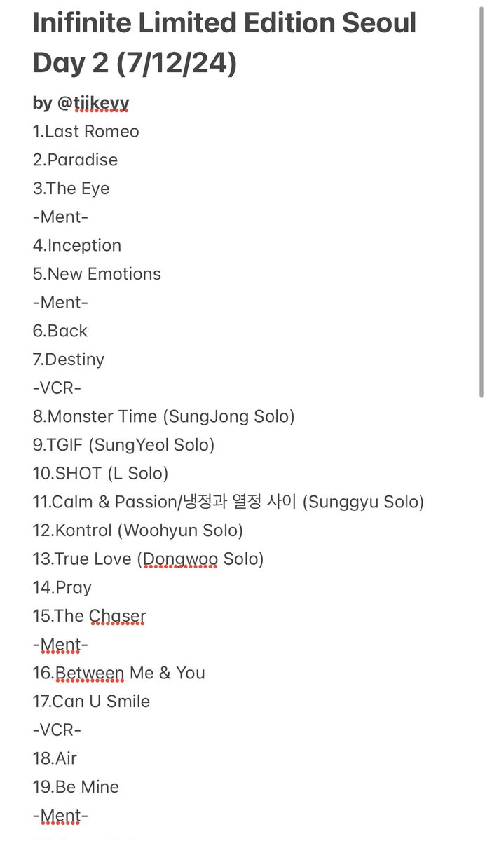 oneullatte's tweet photo. INFINITE LIMITED EDITION CONCERT SETLIST DAY 2 (07/12/24) https://t.co/Q7FES9oqPk