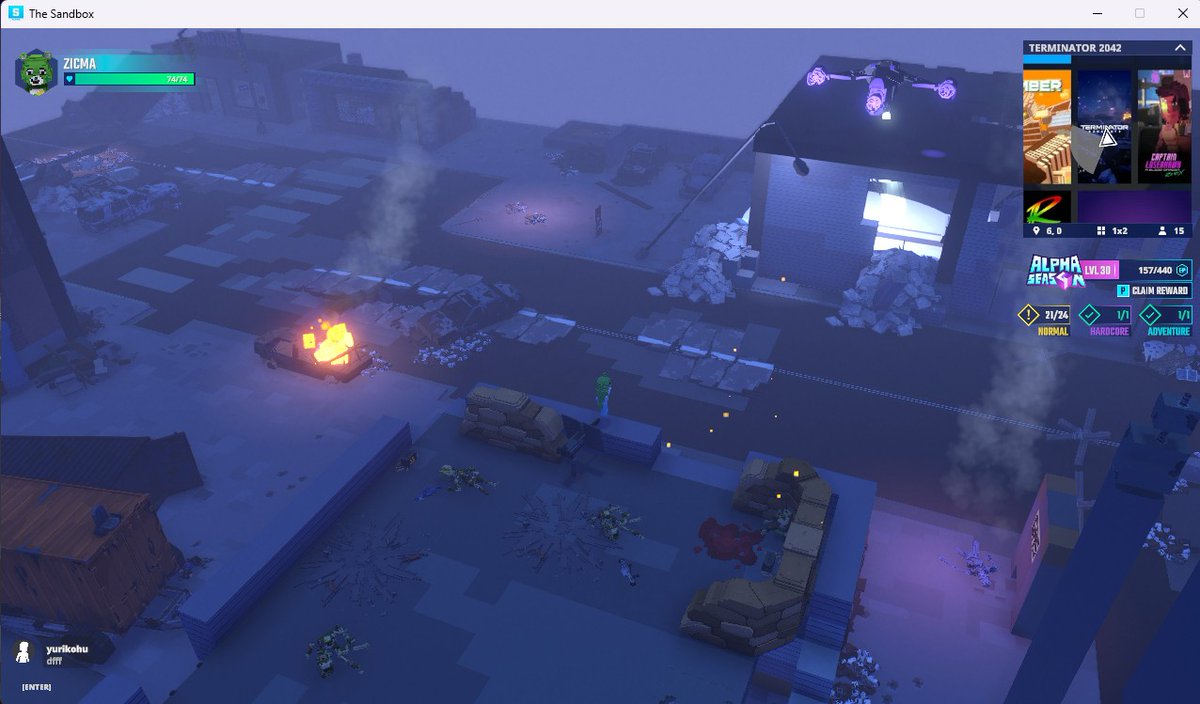 ZicmAXX's tweet photo. Dodging Flying Drones in Terminator 2042 in @TheSandboxGame. The future is now, and it's intense! 🤖🚁 @skydance https://t.co/a7VuufSnXl #TheSandbox #AlphaSeason4 #AS4SocialChallenge https://t.co/s3bI7PYpCs