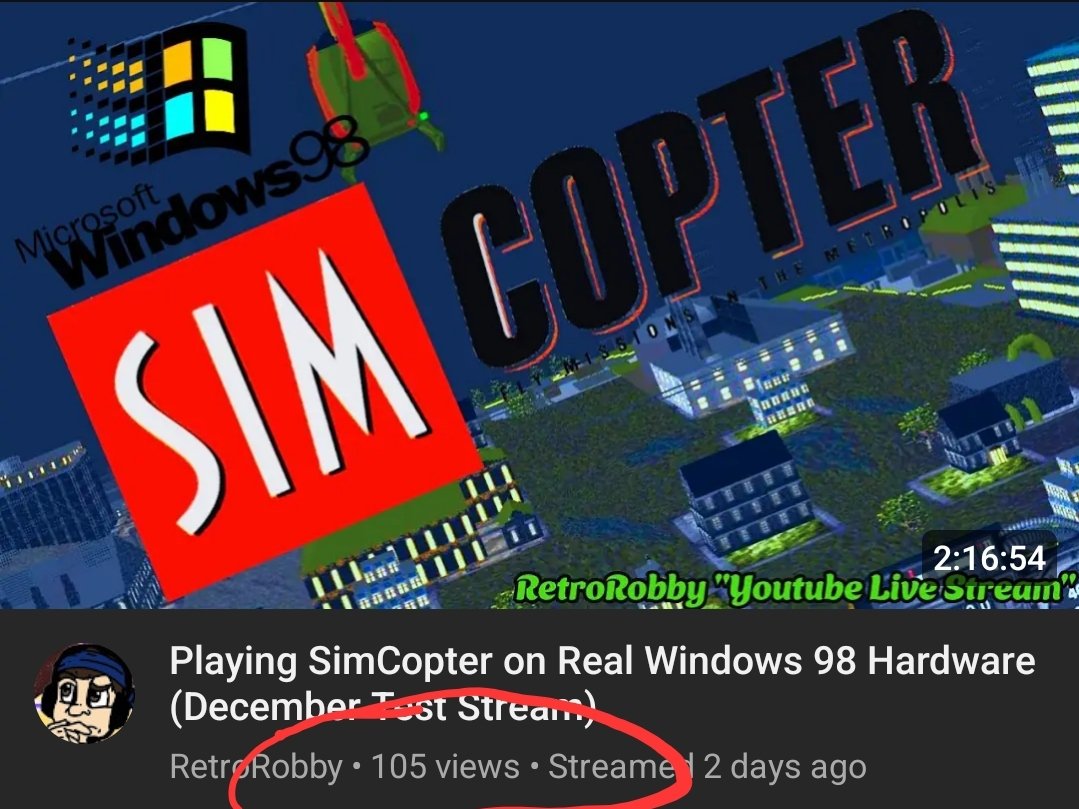 retrorobreviews's tweet photo. Over 100 views from this past test live stream? I'm definitely going to stream part 2 later this afternoon. It's very rare for one of my videos to get this many in 2 days. #simcopter #windows98 #retrogaming https://t.co/7BPrJwpo36
