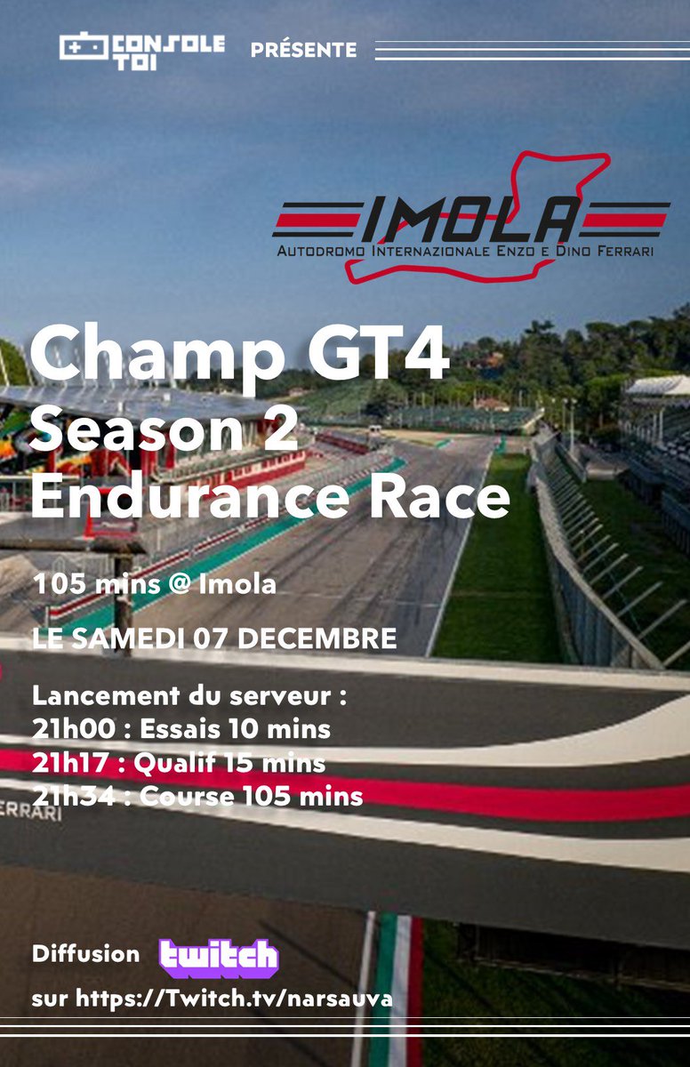 narsauva's tweet photo. Rendez-vous ce soir dès 20h50 (pour une pré show), pour la dernière manche du championnat GT4 sur Imola avec une course de 105 mins.
Diffusée et commentée sur https://t.co/TXVAmJALr2
#ACC #xbox #playstation #simracing #twitch https://t.co/cnglT6RZ8n