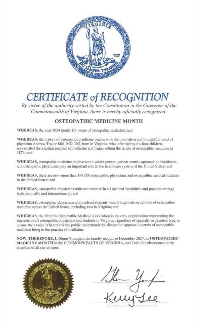 December 2024 is Osteopathic Medicine Month in the Commonwealth of Virginia. Thank you, Governor Glenn Youngkin for recognizing the excellence in our profession as we celebrate 150 years. 

@glennyoungkin
 #DOProud150years #DOProud
