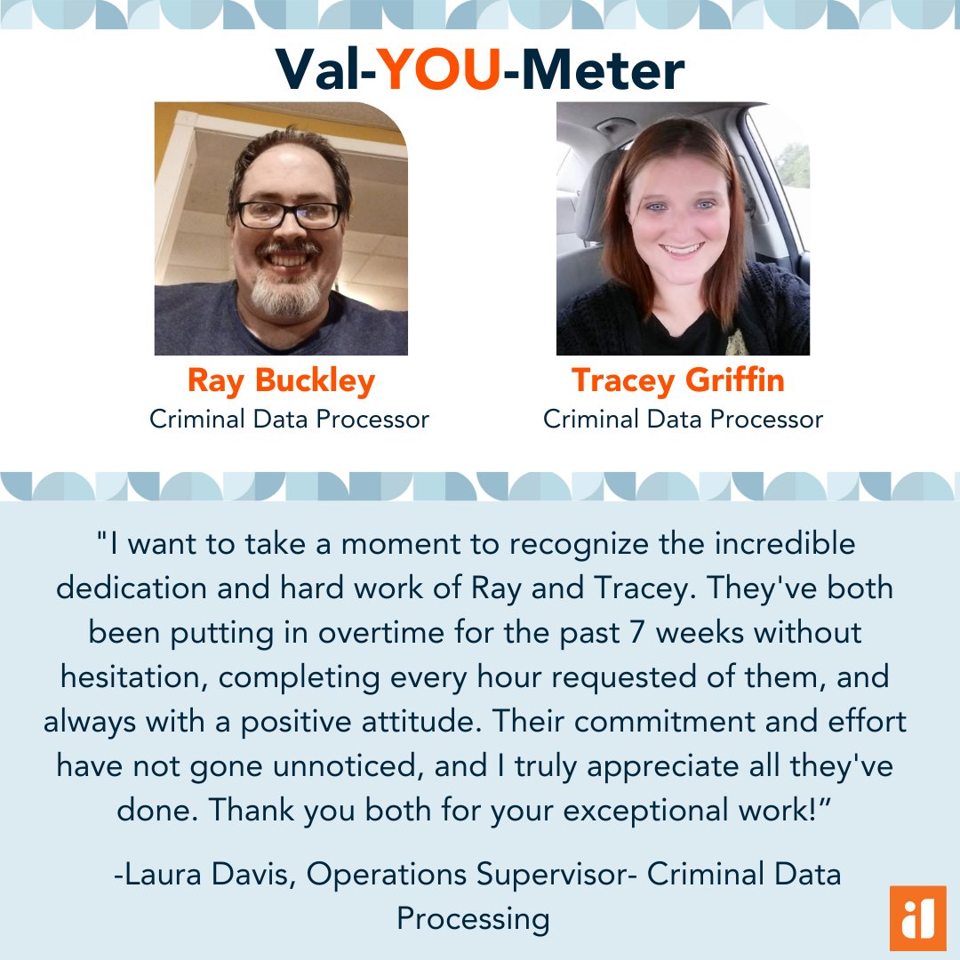 InformDataCo's tweet image. 🌟 Meet Ray and Tracey, Criminal Data Processors at InformData. A huge shoutout to Ray and Tracey for their remarkable dedication 🙌

InformData’s Val-YOU-Meter shoutout: A series that empowers our team members to shine the light on their colleagues who embody our company values.