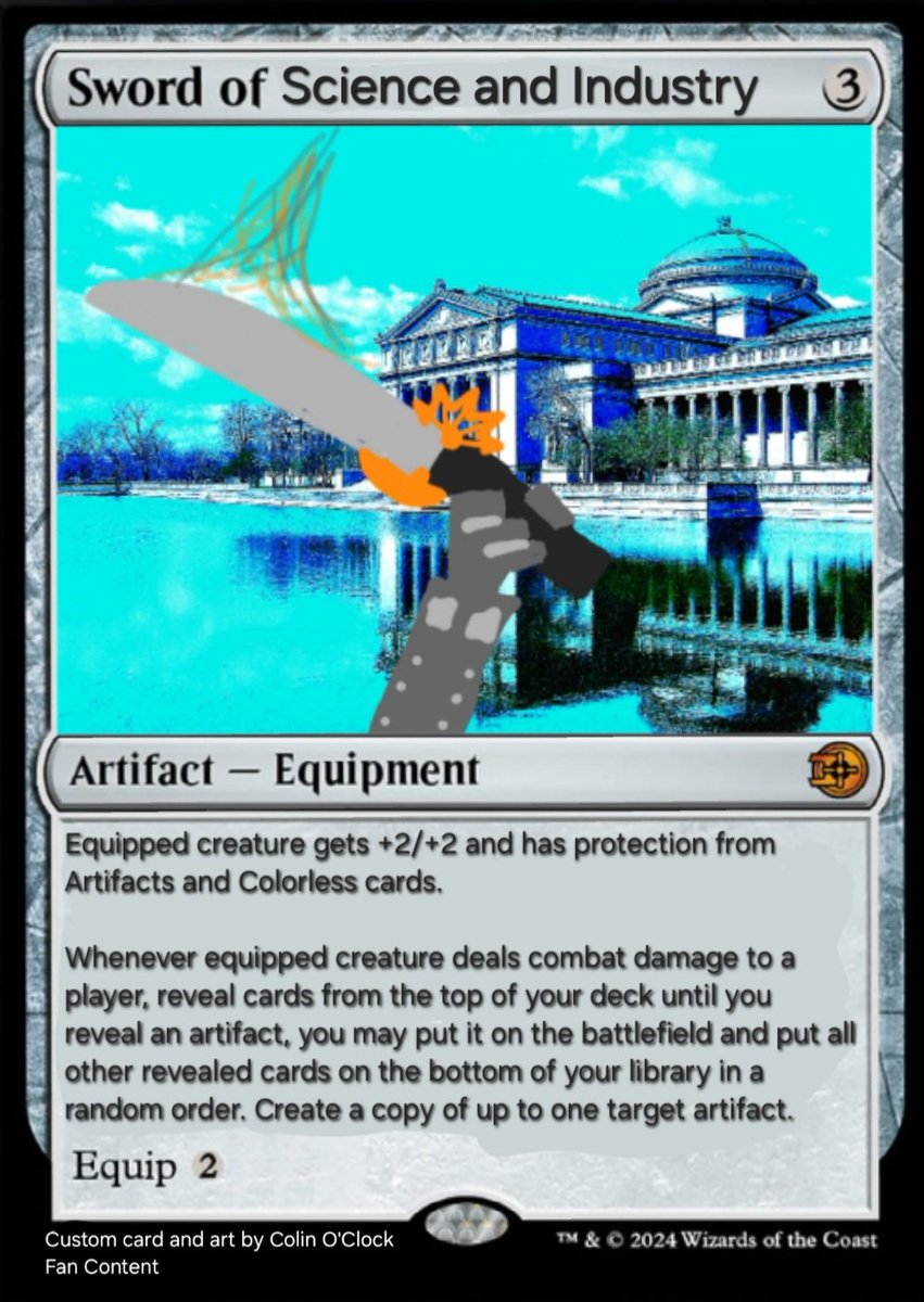 <a href="/Intrepid_Tautog/">Tautog</a> That is supposed to be a robot arm/hand and steampunk-looking sword. Idealy the 'essence' coming of of the sword would be liquid/molten metal and plumes of smoke. 

The design is a bit broken... if you only run one artifact in your deck and it slaps. The sword can copy itself too