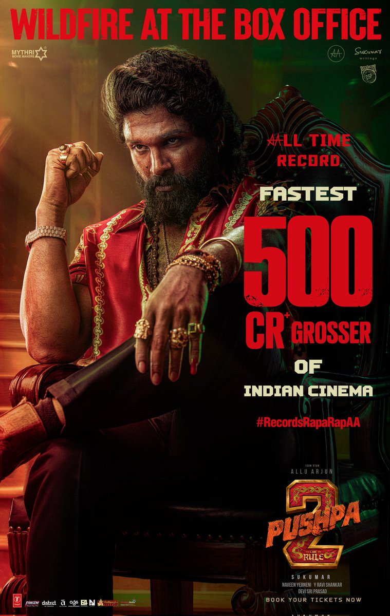 MythriOfficial's tweet photo. THE BIGGEST INDIAN FILM is a WILDFIRE AT THE BOX OFFICE and is SHATTERING RECORDS 🔥🔥

#Pushpa2TheRule is now THE FASTEST INDIAN FILM to collect a gross of 500 CRORES WORLDWIDE ❤️‍🔥

#RecordRapaRapAA 🔥

RULING IN CINEMAS 

Book your tickets now!
🎟️ https://t.co/JhZ8uvxpZo

#Pushpa2
#WildFirePushpa

Icon Star @alluarjun @iamRashmika @aryasukku #FahadhFaasil @ThisIsDSP @resulp @NavinNooli @OfficialSekhar @SukumarWritings @MythriOfficial @AAFilmsIndia @Ags_production @E4Emovies @NCinemasbly @MythriRelease @TSeries @Fanizm_Official @shreyasgroup @lifeindistrict