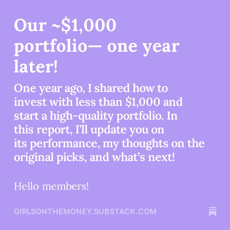 Hello, dear community!

Exactly one year ago this month, I shared the first post on how anyone could build a mini investment portfolio of high-quality stocks and funds with less than $1,000!

Here is the one-year update ;)
open.substack.com/pub/girlsonthe…