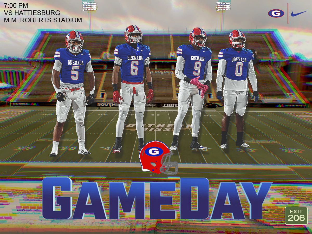 Game Day! 

6A State Championship! 

#TEAM #EXIT206
 
🆚 Hattiesburg 
🗓️ Saturday, December 7, 2024
⏰ 7 pm
📍 M.M. Roberts Stadium 
🎟️ $10.00